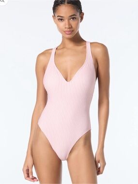 🌸Michael Kors🌸voyage stripe in gorgeous rosewaterV-neck swimsuit, size 8